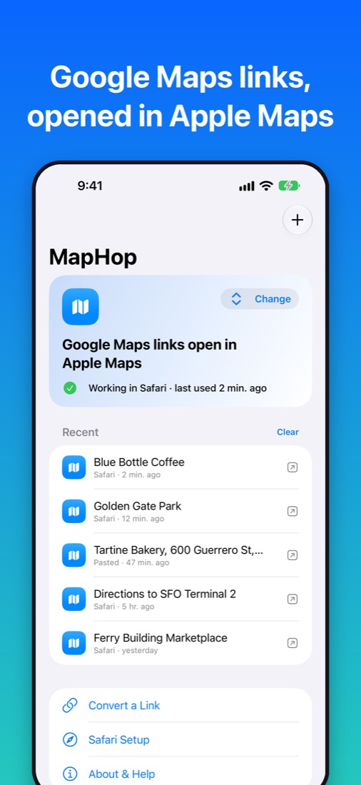 MapHop home screen with recent places